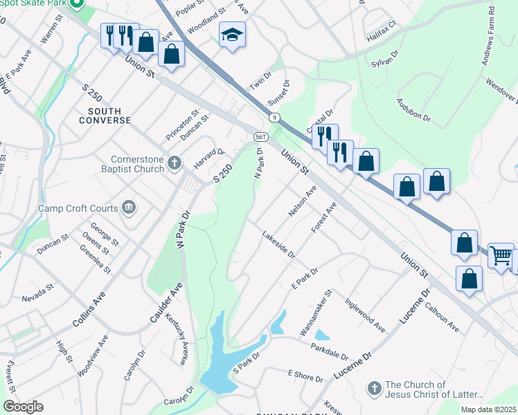 map of restaurants, bars, coffee shops, grocery stores, and more near 216 Ponce De Leon Avenue in Spartanburg