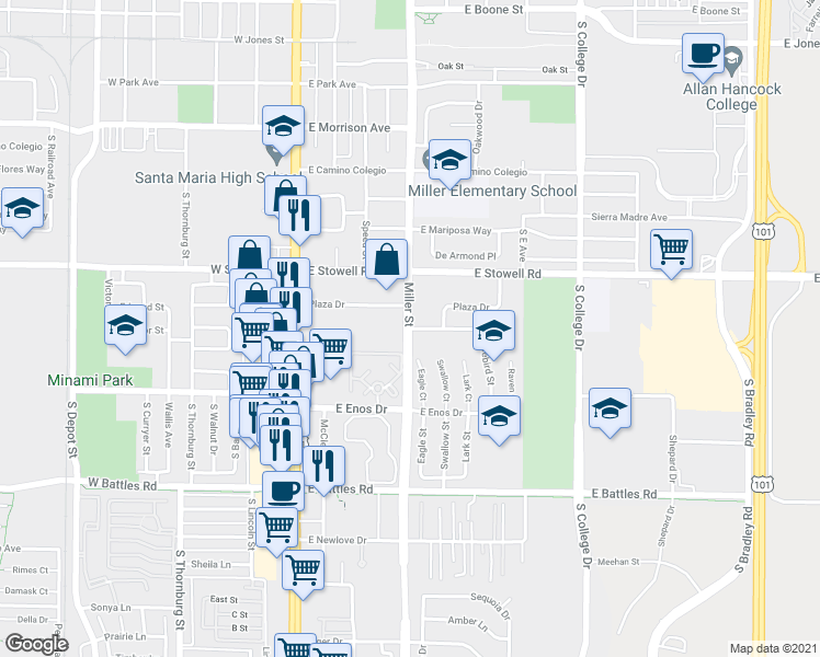 map of restaurants, bars, coffee shops, grocery stores, and more near 401 Barcellus Avenue in Santa Maria