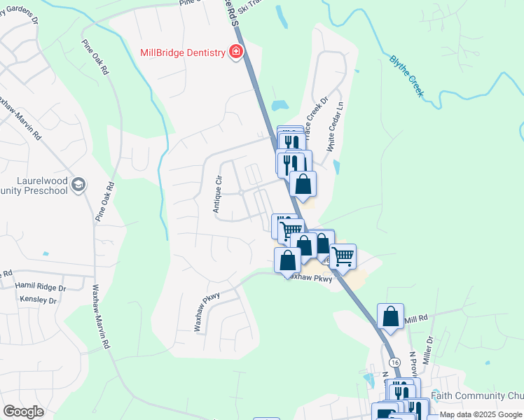 map of restaurants, bars, coffee shops, grocery stores, and more near 4004 Christine Lane in Waxhaw