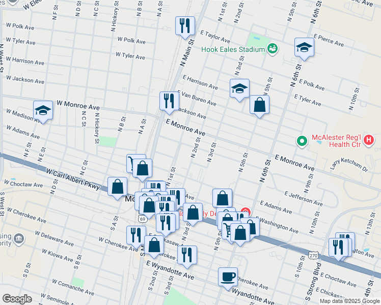 map of restaurants, bars, coffee shops, grocery stores, and more near 523 North 2nd Street in McAlester