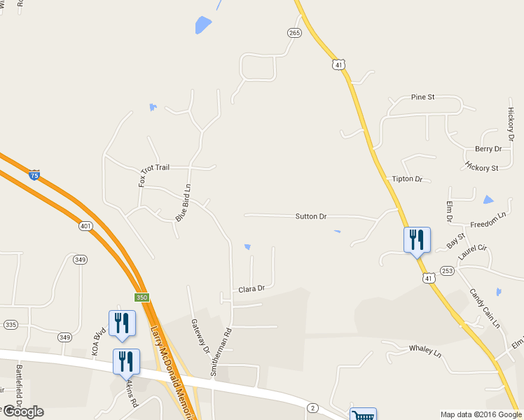map of restaurants, bars, coffee shops, grocery stores, and more near 406 Sutton Drive in Ringgold