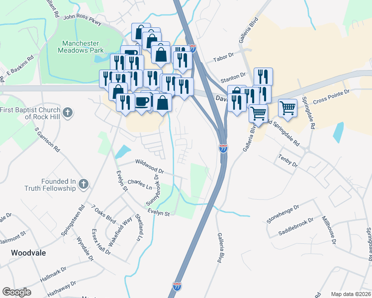 map of restaurants, bars, coffee shops, grocery stores, and more near 300 Liverpool Road in Rock Hill