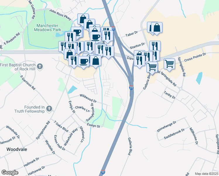 map of restaurants, bars, coffee shops, grocery stores, and more near 301 Liverpool Road in Rock Hill