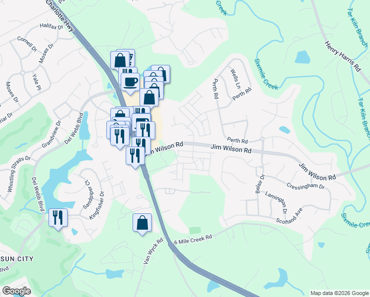 map of restaurants, bars, coffee shops, grocery stores, and more near 5383 Orchid Bloom Drive in Indian Land