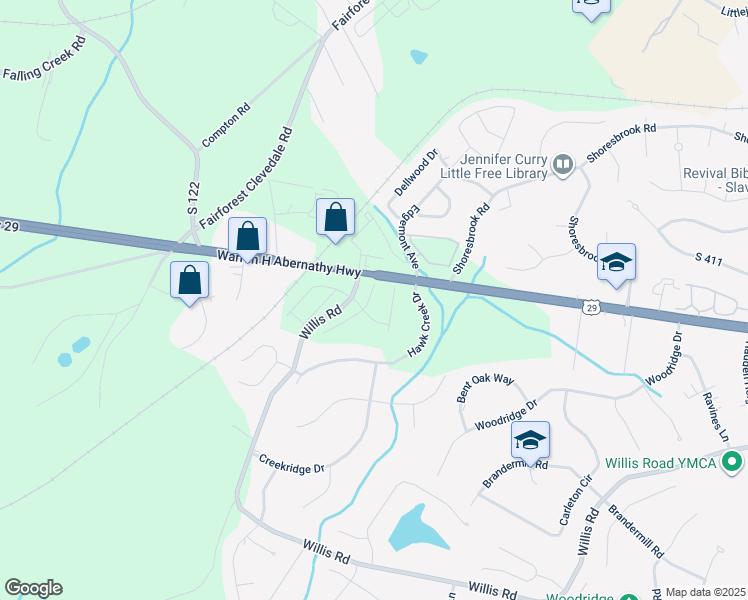 map of restaurants, bars, coffee shops, grocery stores, and more near Willis Road in Spartanburg