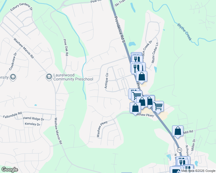 map of restaurants, bars, coffee shops, grocery stores, and more near 7907 Antique Circle in Waxhaw