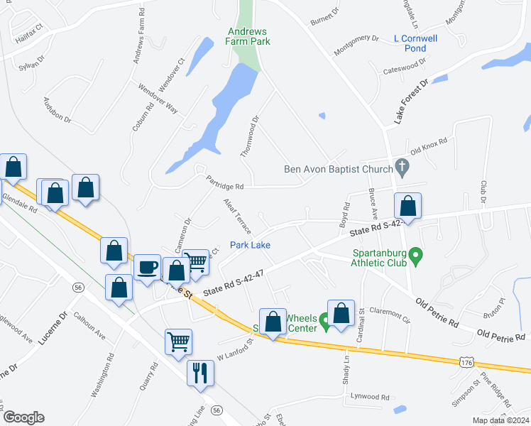 map of restaurants, bars, coffee shops, grocery stores, and more near 2245 Hickory Drive in Spartanburg