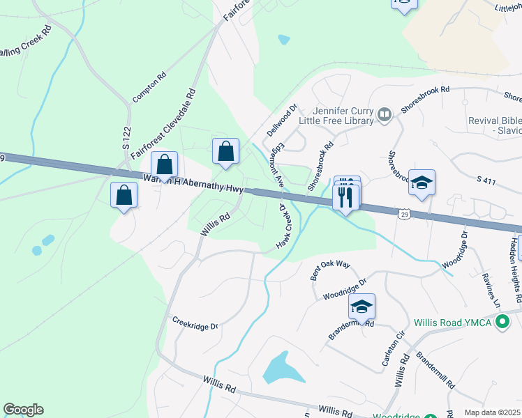 map of restaurants, bars, coffee shops, grocery stores, and more near 100 Hawk Creek Drive in Spartanburg