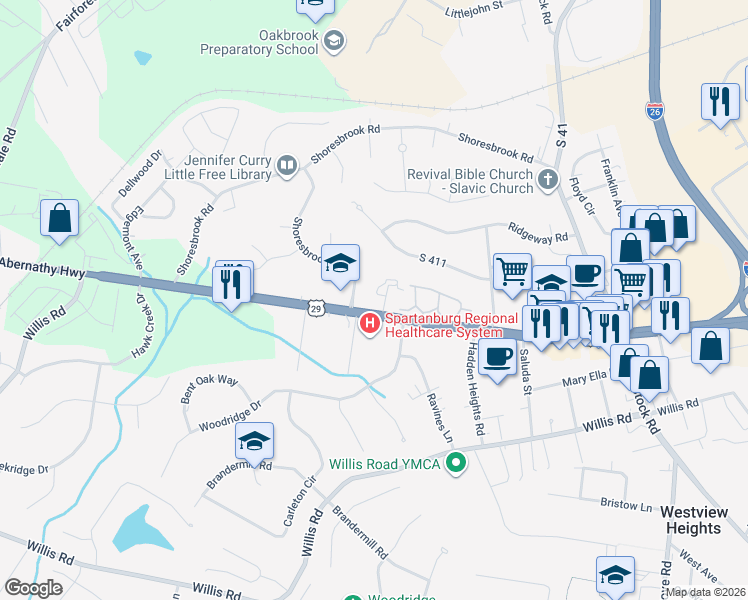 map of restaurants, bars, coffee shops, grocery stores, and more near 54 Somersett Drive in Spartanburg