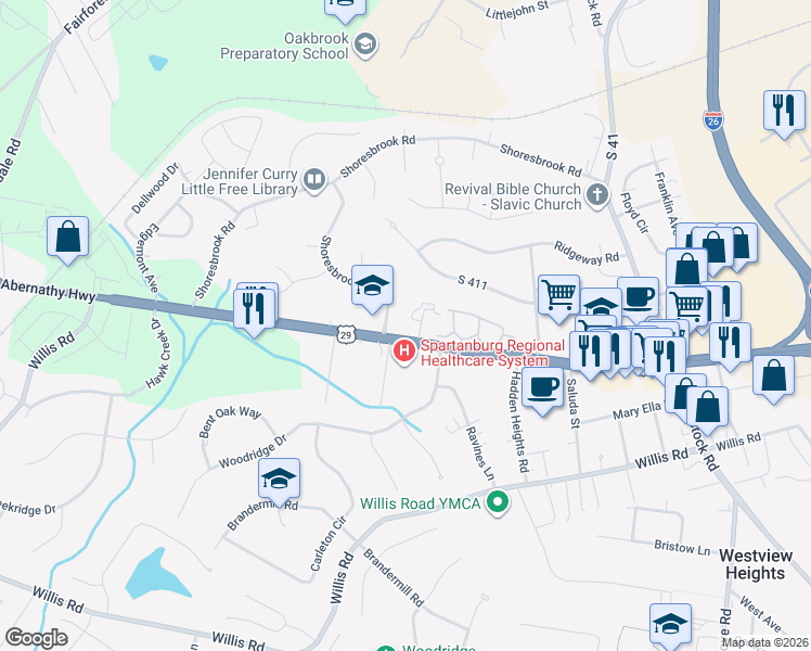 map of restaurants, bars, coffee shops, grocery stores, and more near 54 Somersett Drive in Spartanburg