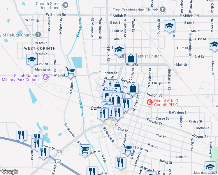 map of restaurants, bars, coffee shops, grocery stores, and more near 711 Jackson Street in Corinth