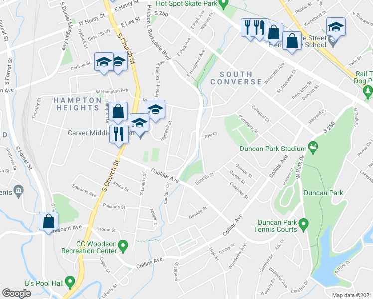 map of restaurants, bars, coffee shops, grocery stores, and more near 126 James H Young Street in Spartanburg