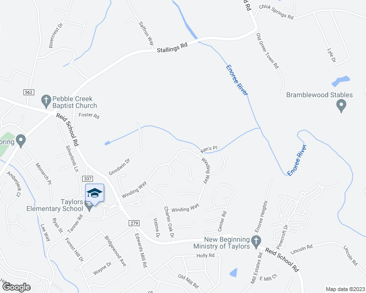 map of restaurants, bars, coffee shops, grocery stores, and more near 1409 Winding Way in Taylors