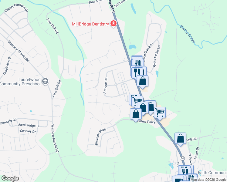 map of restaurants, bars, coffee shops, grocery stores, and more near 4001 Garfield Court in Waxhaw