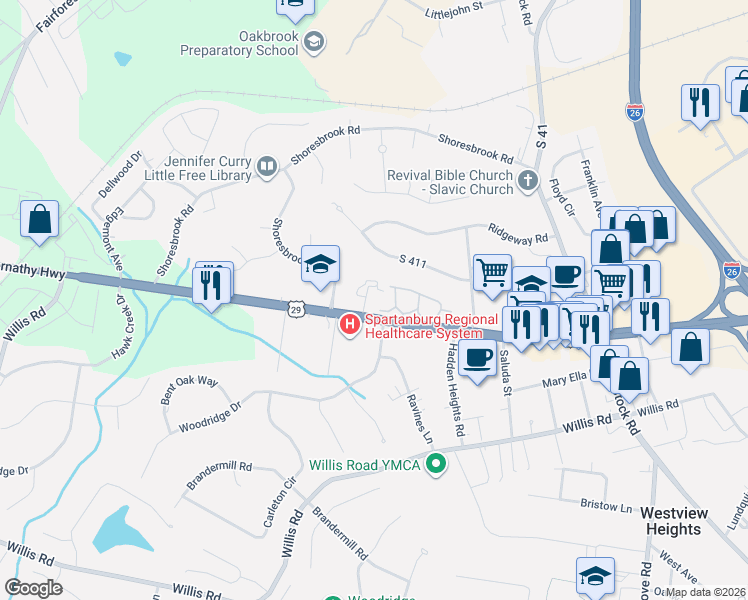 map of restaurants, bars, coffee shops, grocery stores, and more near 203 Arrowood Road in Spartanburg