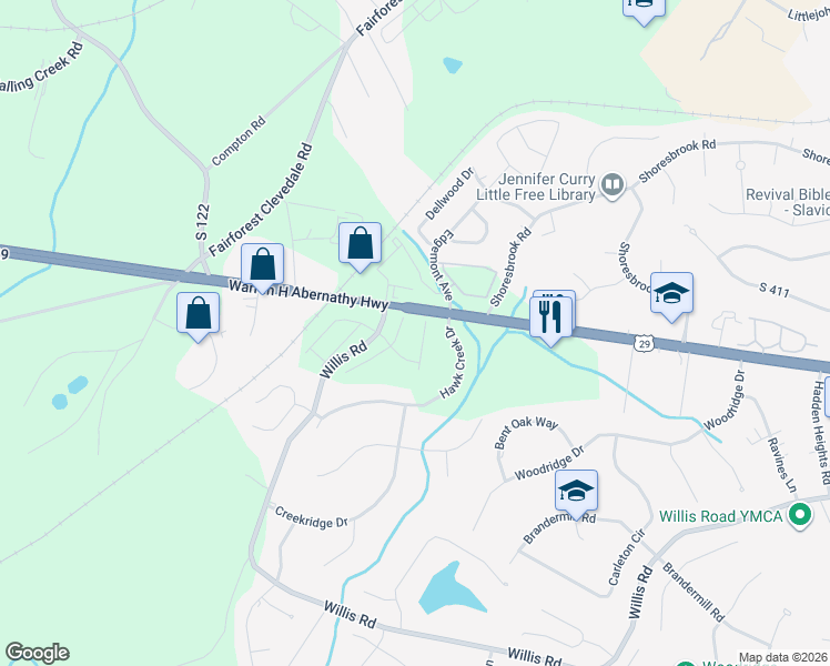 map of restaurants, bars, coffee shops, grocery stores, and more near 100 Hawk Creek Drive in Spartanburg