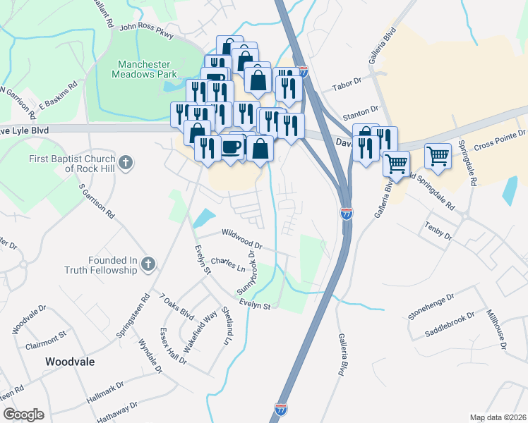 map of restaurants, bars, coffee shops, grocery stores, and more near 1640 Chamberside Drive in Rock Hill