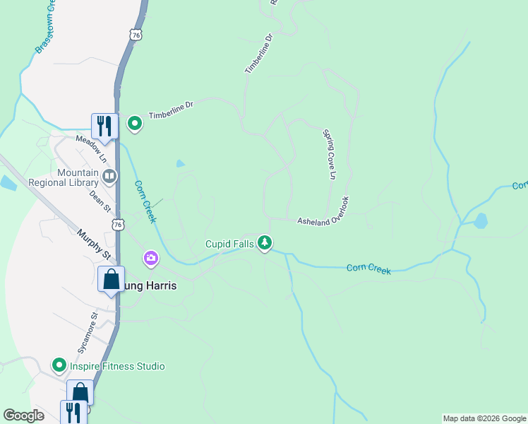 map of restaurants, bars, coffee shops, grocery stores, and more near 4412 Bryson Drive in Young Harris