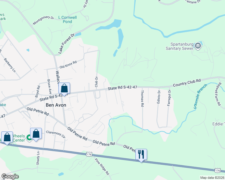map of restaurants, bars, coffee shops, grocery stores, and more near 2495 Country Club Road in Spartanburg