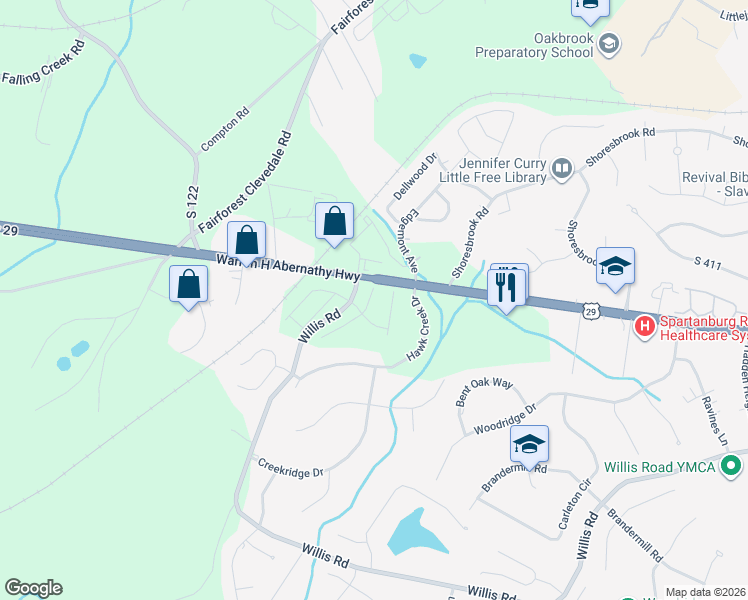 map of restaurants, bars, coffee shops, grocery stores, and more near Willis Road in Spartanburg