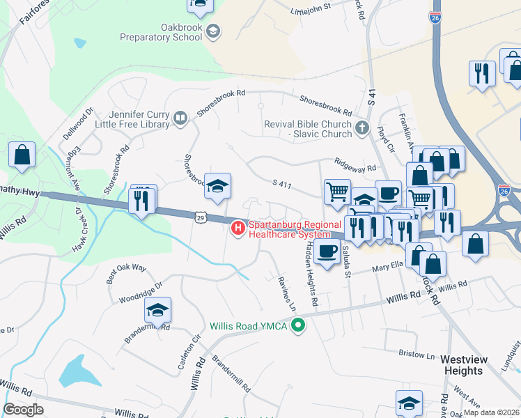 map of restaurants, bars, coffee shops, grocery stores, and more near 203 Arrowood Road in Spartanburg