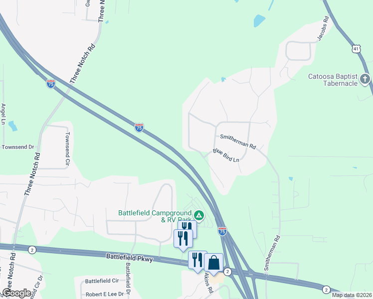 map of restaurants, bars, coffee shops, grocery stores, and more near 238 Hickory Ridge Trail in Ringgold