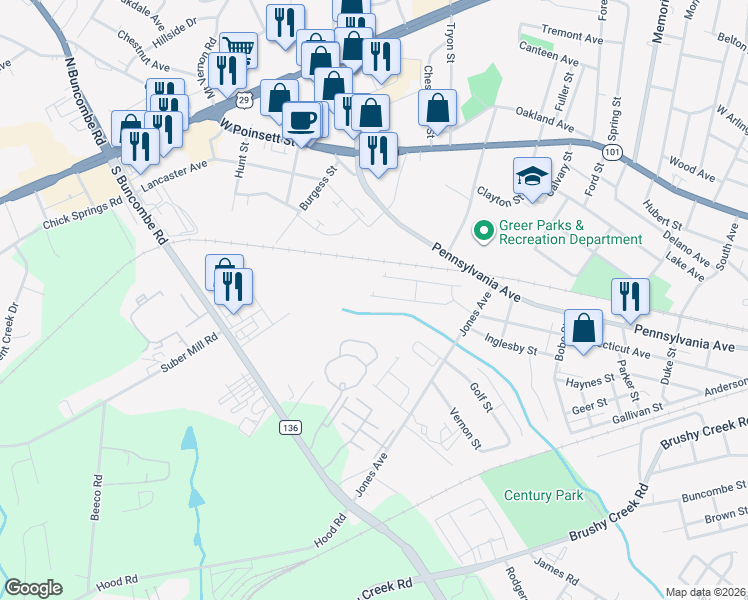 map of restaurants, bars, coffee shops, grocery stores, and more near 308 Jones Ave in Greer