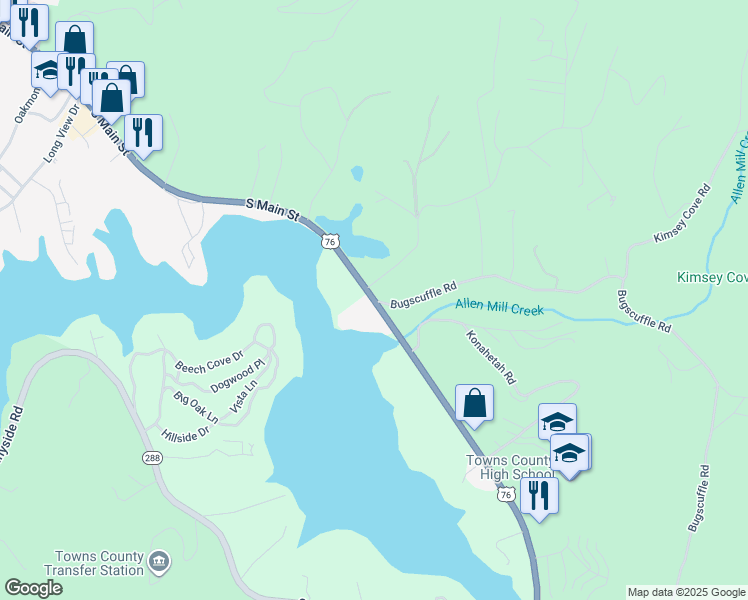 map of restaurants, bars, coffee shops, grocery stores, and more near 1056 U.S. 76 in Hiawassee