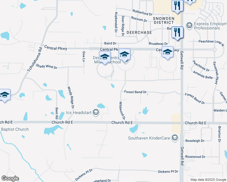 map of restaurants, bars, coffee shops, grocery stores, and more near 5255 Wildwood Drive in Southaven