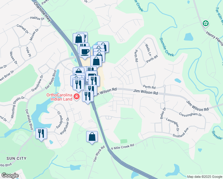 map of restaurants, bars, coffee shops, grocery stores, and more near 175 Jim Wilson Road in Fort Mill