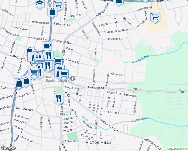 map of restaurants, bars, coffee shops, grocery stores, and more near 305 Highland Avenue in Greer