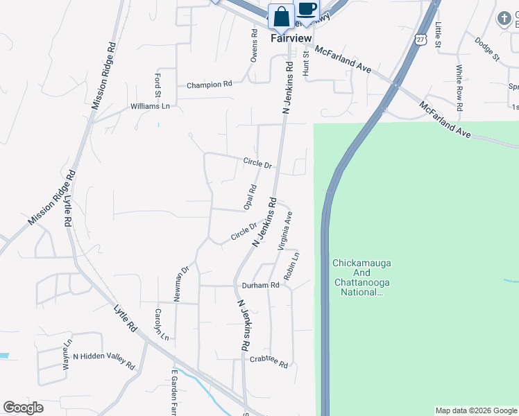 map of restaurants, bars, coffee shops, grocery stores, and more near 23 Opal Road in Rossville