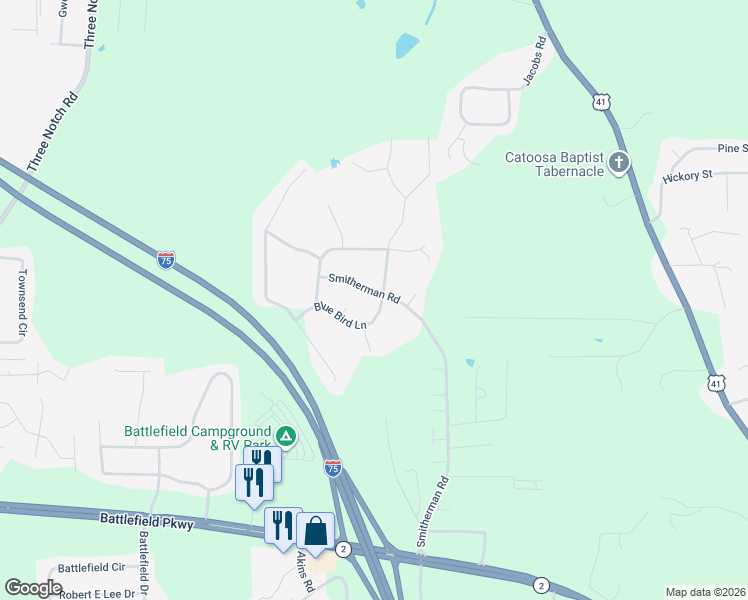 map of restaurants, bars, coffee shops, grocery stores, and more near 232 Blue Bird Lane in Ringgold