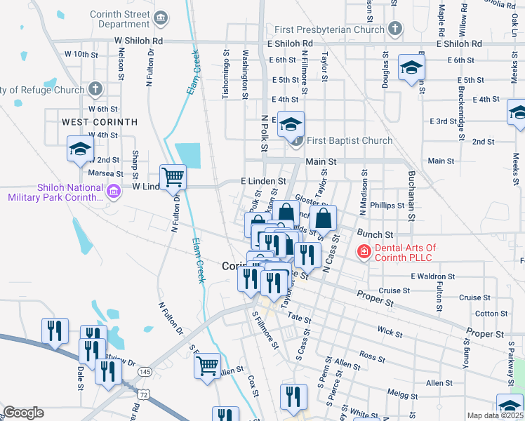 map of restaurants, bars, coffee shops, grocery stores, and more near 711 Jackson Street in Corinth
