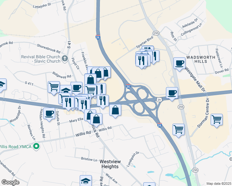 map of restaurants, bars, coffee shops, grocery stores, and more near 7600 Warren H Abernathy Highway in Spartanburg