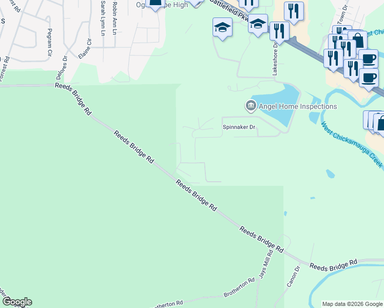 map of restaurants, bars, coffee shops, grocery stores, and more near 52 Rock Haven Lane in Chickamauga