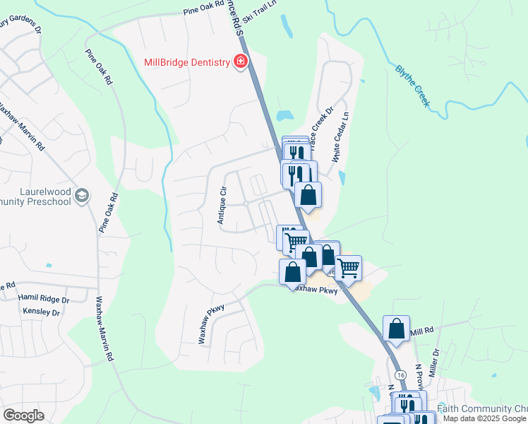 map of restaurants, bars, coffee shops, grocery stores, and more near 4004 Christine Lane in Waxhaw