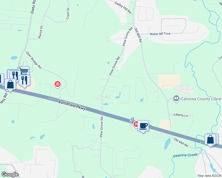 map of restaurants, bars, coffee shops, grocery stores, and more near 2299 Pine Grove Road in Ringgold