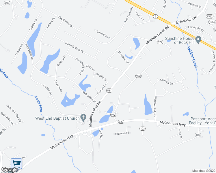 map of restaurants, bars, coffee shops, grocery stores, and more near 1478 Farrow Drive in Rock Hill