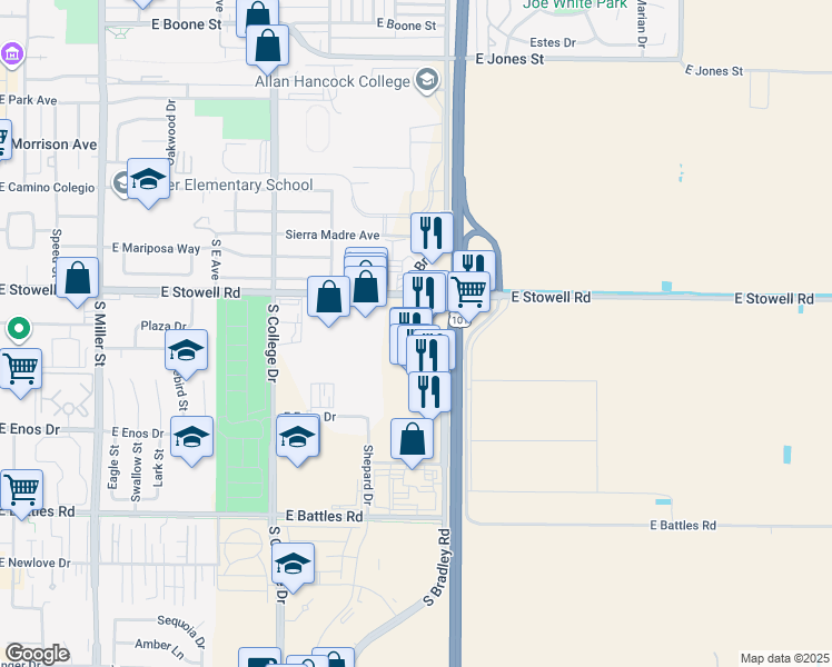 map of restaurants, bars, coffee shops, grocery stores, and more near 1339 South Bradley Road in Santa Maria