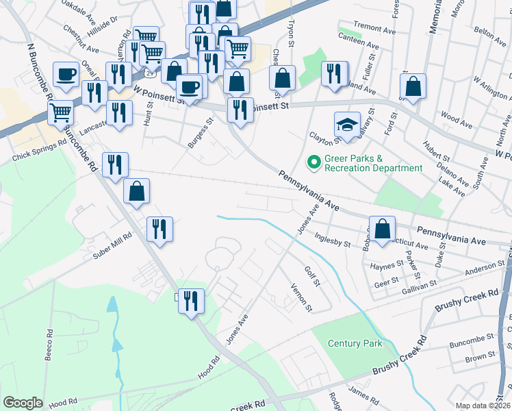map of restaurants, bars, coffee shops, grocery stores, and more near 308 Jones Avenue in Greer