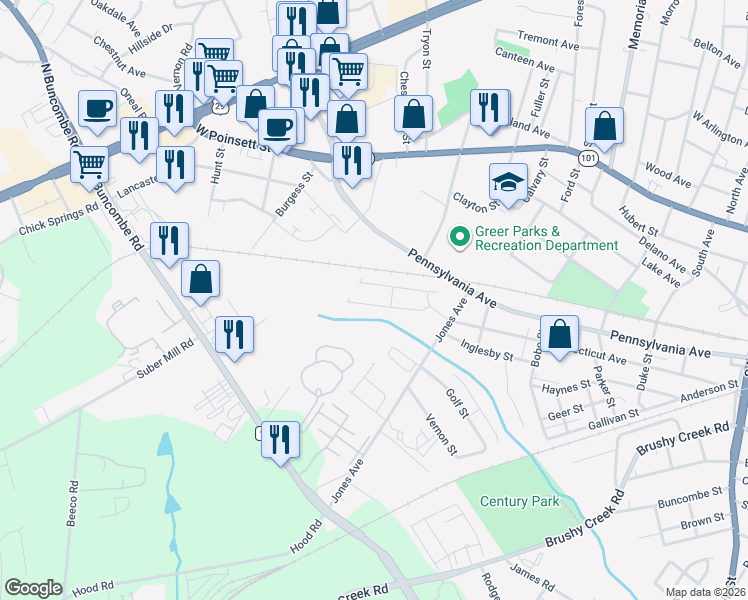 map of restaurants, bars, coffee shops, grocery stores, and more near 308 Jones Avenue in Greer
