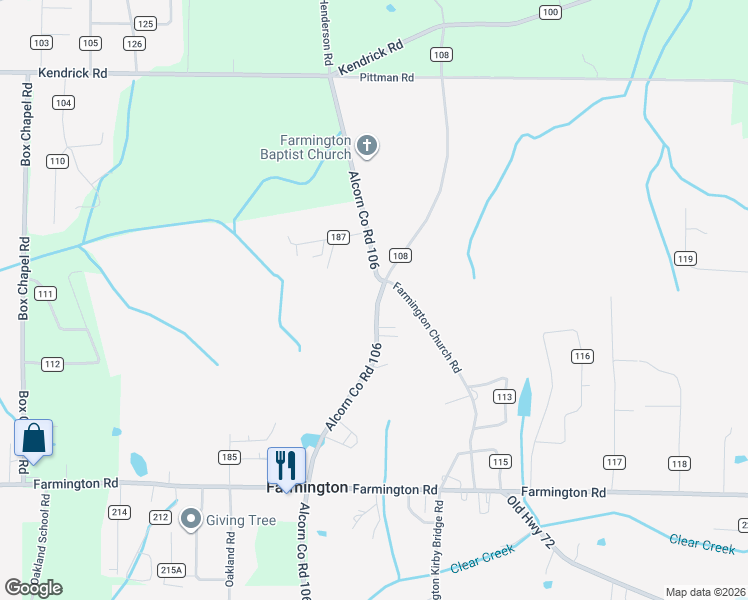 map of restaurants, bars, coffee shops, grocery stores, and more near 44 Farmington Church Road in Corinth