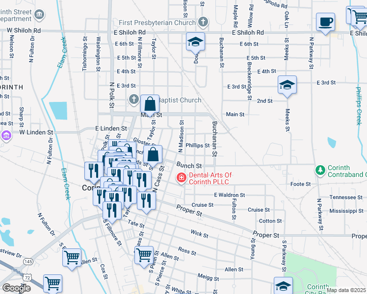 map of restaurants, bars, coffee shops, grocery stores, and more near 800-898 North Madison Street in Corinth