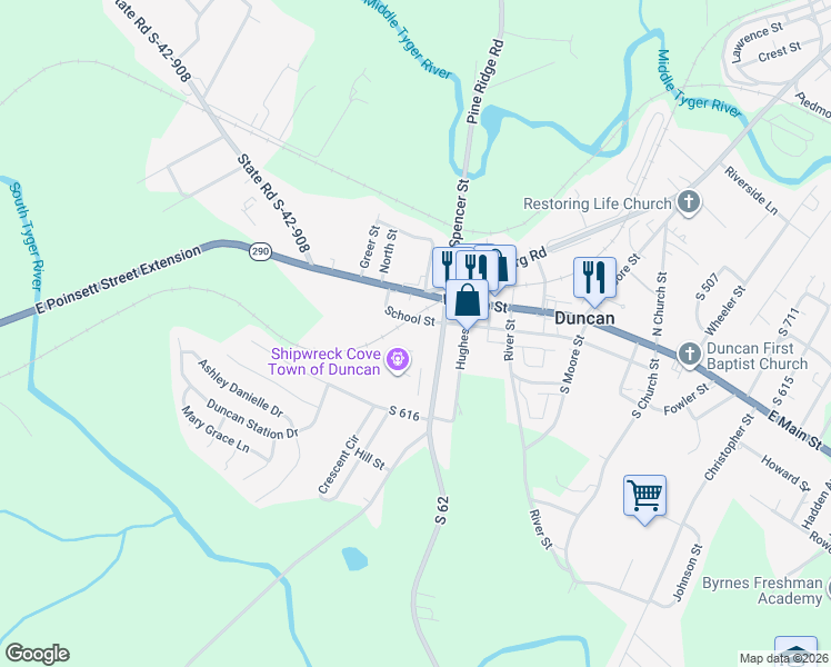 map of restaurants, bars, coffee shops, grocery stores, and more near 180 South 62 in Duncan