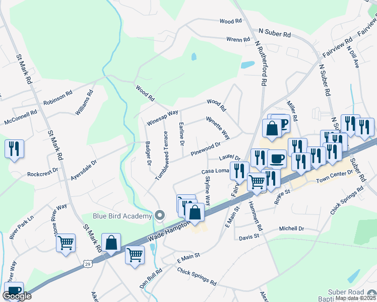 map of restaurants, bars, coffee shops, grocery stores, and more near 4 Pinewood Drive in Taylors