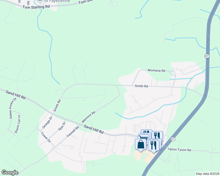 map of restaurants, bars, coffee shops, grocery stores, and more near 2140 Smith Road in Hope Mills