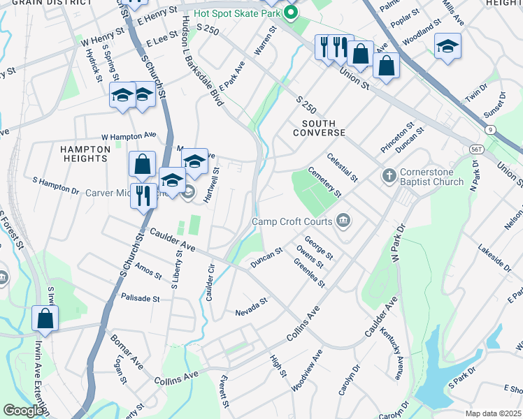 map of restaurants, bars, coffee shops, grocery stores, and more near 126 James H Young Street in Spartanburg