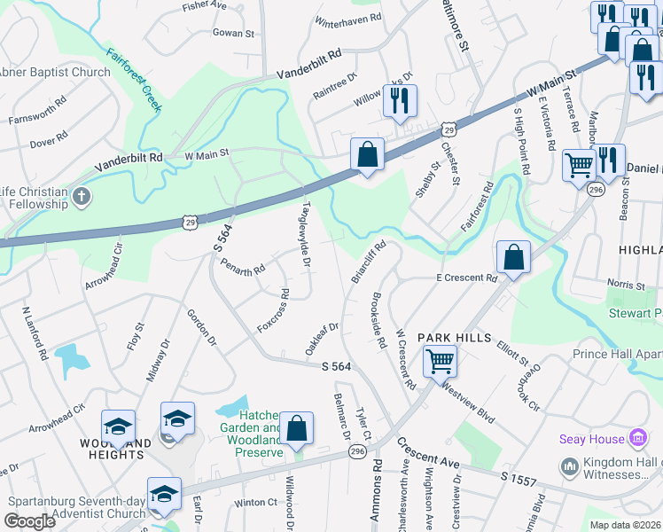 map of restaurants, bars, coffee shops, grocery stores, and more near 123 Tanglewylde Drive in Spartanburg