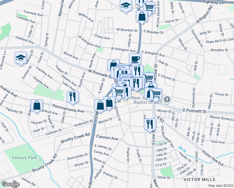 map of restaurants, bars, coffee shops, grocery stores, and more near 215 Randall Street in Greer